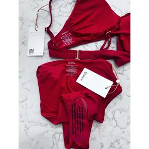 NWT Quince Cherry Red Italian V Neck Bikini Top & High Rise High Leg Bottom Set thumbnail 3