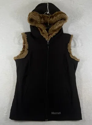 Marmot Womens Black Hooded Softshell Vest Faux Fur Trim Fleece Lined Small thumbnail 1