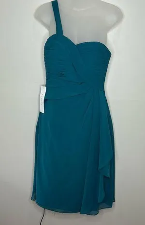 Azazie Madalynn Bridesmaid Dress one shoulder Peacock NWT Size A4 ruffle detail thumbnail 1