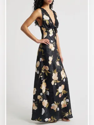 Lulus Judith Floral Jacquard Satin Lace Maxi Slip Dress Black XS NWT $110 thumbnail 3