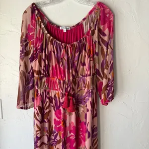 Kathy Ireland Floral Boho Midi Dress Pink Purple Tassel‎ Tie Waist Size L Resort thumbnail 2