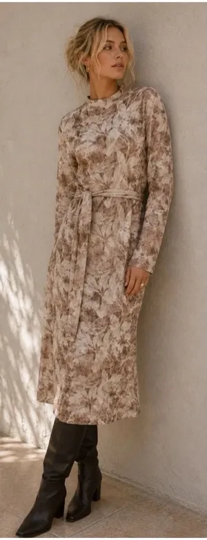 Zara Midi Dress Sz Large Long Mock Neck Party Career Belt Neutral Floral Stretch thumbnail 1