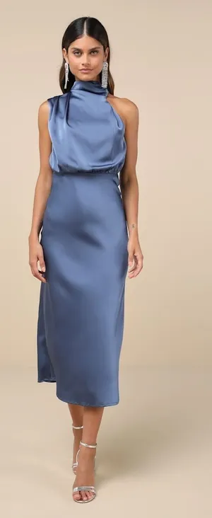 NWT Lulus Distinctive Charm Slate Blue Satin Asymmetrical Midi Dress Wedding M thumbnail 1