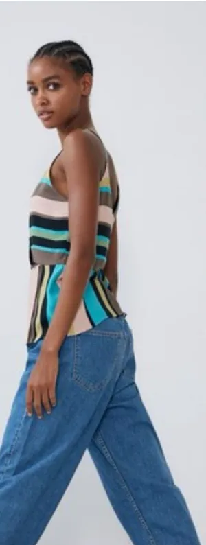 ZARA Women’s Multicolor Striped Asymmetrical Spaghetti Strap Tank Top, Size Med thumbnail 1