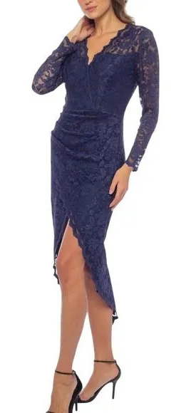 Marina NEW Navy Blue Floral Lace Faux‎ Wrap Midi Dress Asymmetrical Hem Wedding thumbnail 1