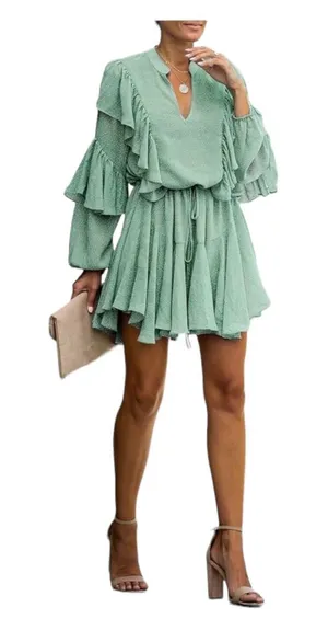 Sage Green Polka Dot Long Sleeve Ruffle Mini Dress Casual Flowy‎ Swing Medium thumbnail 1