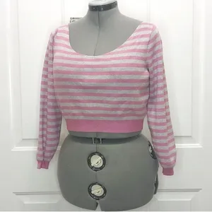 Free people gray pink striped crop off the shoulder sweater pullover size XS thumbnail 3