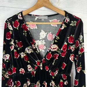 Lovesick Women L 0 Black Velvet Floral Plunge Dress Bell Sleeve Gothic Festival thumbnail 3