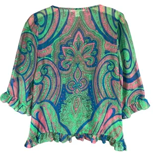 Anthropologie Trinity Blouse M Green‎ Silk Paisley Sheer Ruffle Forest Fairy Top thumbnail 4