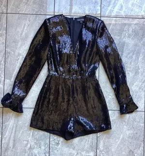 Retrofete Black Sequin Long Sleeve V-Neck Romper XS Party Event thumbnail 1