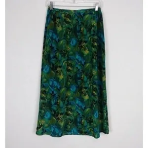 Vintage Sag Harbor Blue & Green Tropical Leaf Print Midi Skirt Size Petite S thumbnail 2