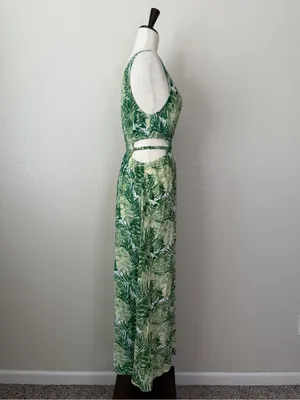 Justify Double V-neck Green Tropical Smocked Cut Out Waist Maxi Dress, Sz Large thumbnail 5