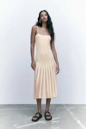 ZARA Ribbed Dress Knit Midi Cream fit and flare L thumbnail 12