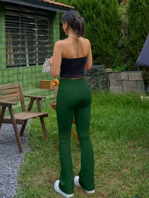 OQQ Ribbed Cross Over High Waist Lounge Pants- Darkgreen thumbnail 2