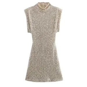 NWOT Champagne Glitter Sequin Mock Neck‎ Bodycon Mini Dress Small thumbnail 2