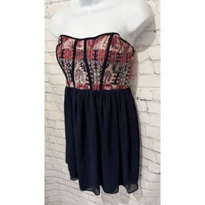 Ya Los Angeles Strapless Boho Mini Dress Silk Blend Navy Aztec Tapestry Print S thumbnail 2