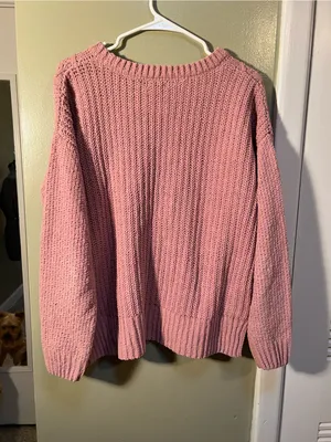 SO Womens Size Large Crewneck Sweater Chenille Light Pink Cable Knit Balloon Slv thumbnail 6