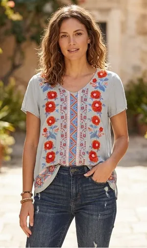 How Very Loved Floral Embroidered Boho Peasant Blouse Size L thumbnail 1
