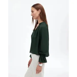 Madewell Long-Sleeve Tie-Neck Top Luxury Forest Sheer Blouse Size XS #1100 thumbnail 2