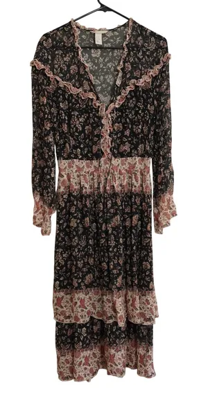 H&M‎ Black Floral Ruffle V-Neck Tiered Midi Dress Boho Cottagecore Fall thumbnail 1