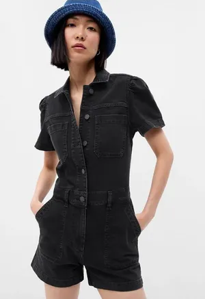 GAP Charcoal Black Denim Romper Puff Sleeves | Women’s Size 8 thumbnail 1