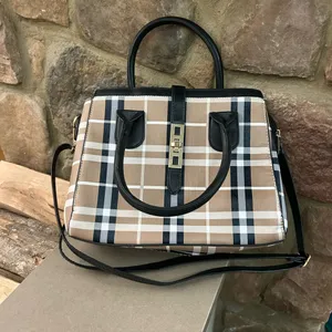 Purse Plaid Satchel Handbag with Black Trim - Taupe Plaid Satchel thumbnail 2