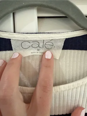 CALE Striped Ribbed Long-Sleeve Top in White, Navy & Pink thumbnail 2