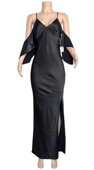 ASTR THE LABEL Kendra Cold Shoulder Satin Maxi Dress, Black, Medium thumbnail 7