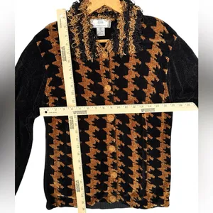 Lisa International Zip‎ Sweater Womens Gold Black Argyle Chenille Frilly 90s Y2K thumbnail 6