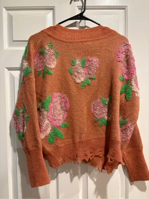 Anthropologie slouchy oversized sweater floral distressed hem sz XS pink boxy thumbnail 4