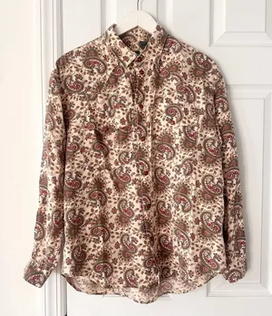 Liz Sport Beige Red Paisley Wester Snap Button Vintage Collared Shirt Medium thumbnail 1