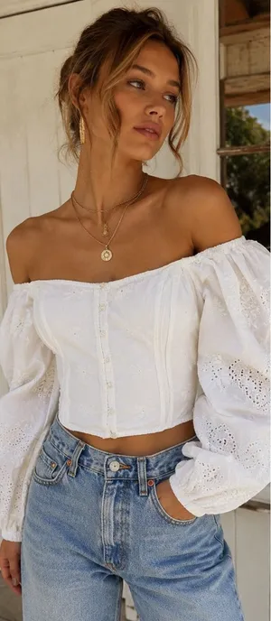 Free People White Eyelet Off Shoulder Milkmaid Peasant Crop Top Boho thumbnail 1