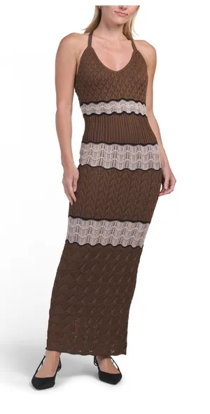 Torn by Ronny Kobo Brown Crochet‎ Maxi Dress with Cream Panels M NWT thumbnail 1