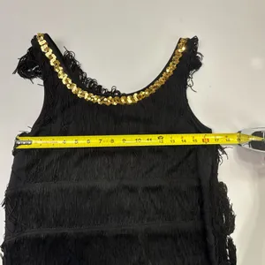Women's Black Flapper Dress with Gold Sequin Neck Trim and Tiered Fringe thumbnail 7