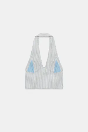 BNWT Zara Blue, Cream & Brown Striped Collared Vest Halter Top thumbnail 6