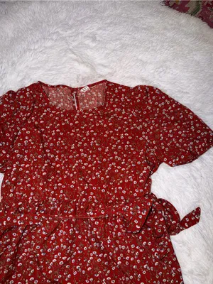 Red Floral Tie Waist Shirt Business Casual thumbnail 2