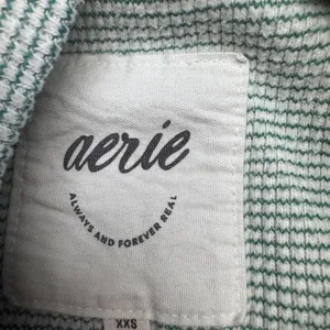 Aerie Womens XXS Waffle Knit Crewneck‎ Sweatshirt Sage Green Striped Oversized thumbnail 3
