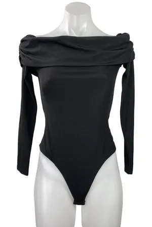 AFRM Women's Black Long Sleeves Off The Shoulders Bodysuit Tee T-shirt Top Sz SP thumbnail 1
