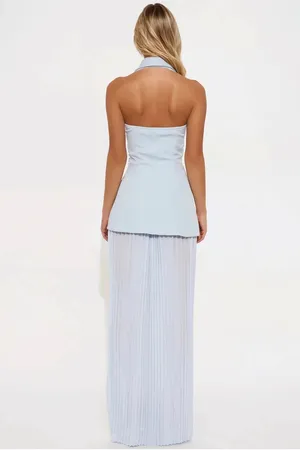 Sleeveless Light Blue Pleated Maxi Skirt thumbnail 2