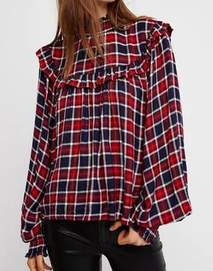 Free People Charlie ruffle plaid top NWT size XS thumbnail 1