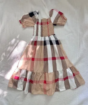 beige plaid smocked maxi dress Tan thumbnail 1