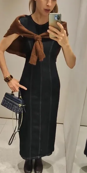 Zara Dark Blue Denim Z1975 Jean Midi Maxi Sleeveless Trendy Dress thumbnail 9