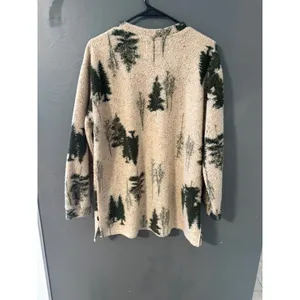 Woolrich Vintage Pine Tree Sherpa Fleece Pullover V-Neck Cream Green Womens S thumbnail 6