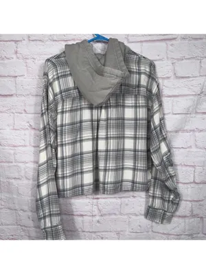 American Eagle Hooded Flannel Shirt - Gray Plaid, Size L thumbnail 6