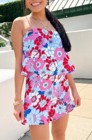 Sugarlips Berry Mix Floral Strapless Romper Size Large Retro Pink Blue White thumbnail 1