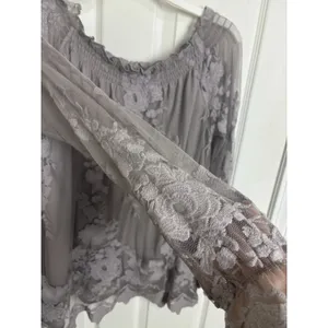 Gray Sheer Lacy Floral Long Sleeve Top M Fairy Grunge Dark Romance Bell Cuff thumbnail 4
