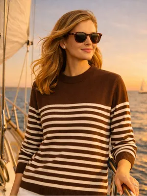 J. McLaughlin Chocolate Ivory Striped Fall Crewneck Sweater Quiet Luxury L thumbnail 2