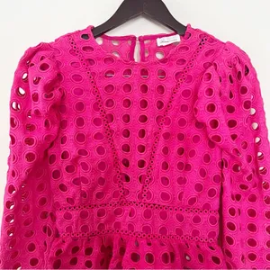 Lovers + Friends Hot Pink Puff Sleeve Peplum Top Cut Out Eyelet Size Small thumbnail 4
