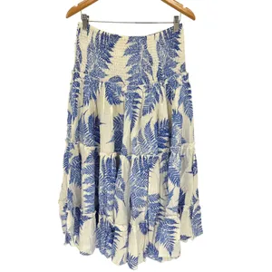 ee:some Blue White Botanical Fern Print Tiered Ruffle Maxi Skirt Dress‎ Smocked thumbnail 4