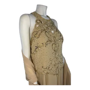 1990s Miss New York Gold Beaded Formal Gown Set Cutout Maxi L-XL thumbnail 6